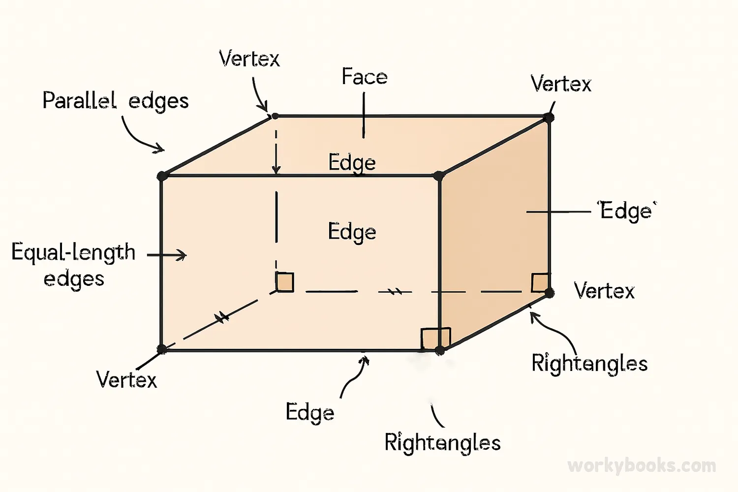 Diagram showing the properties of a parallelepiped with labeled edges, faces, and angles