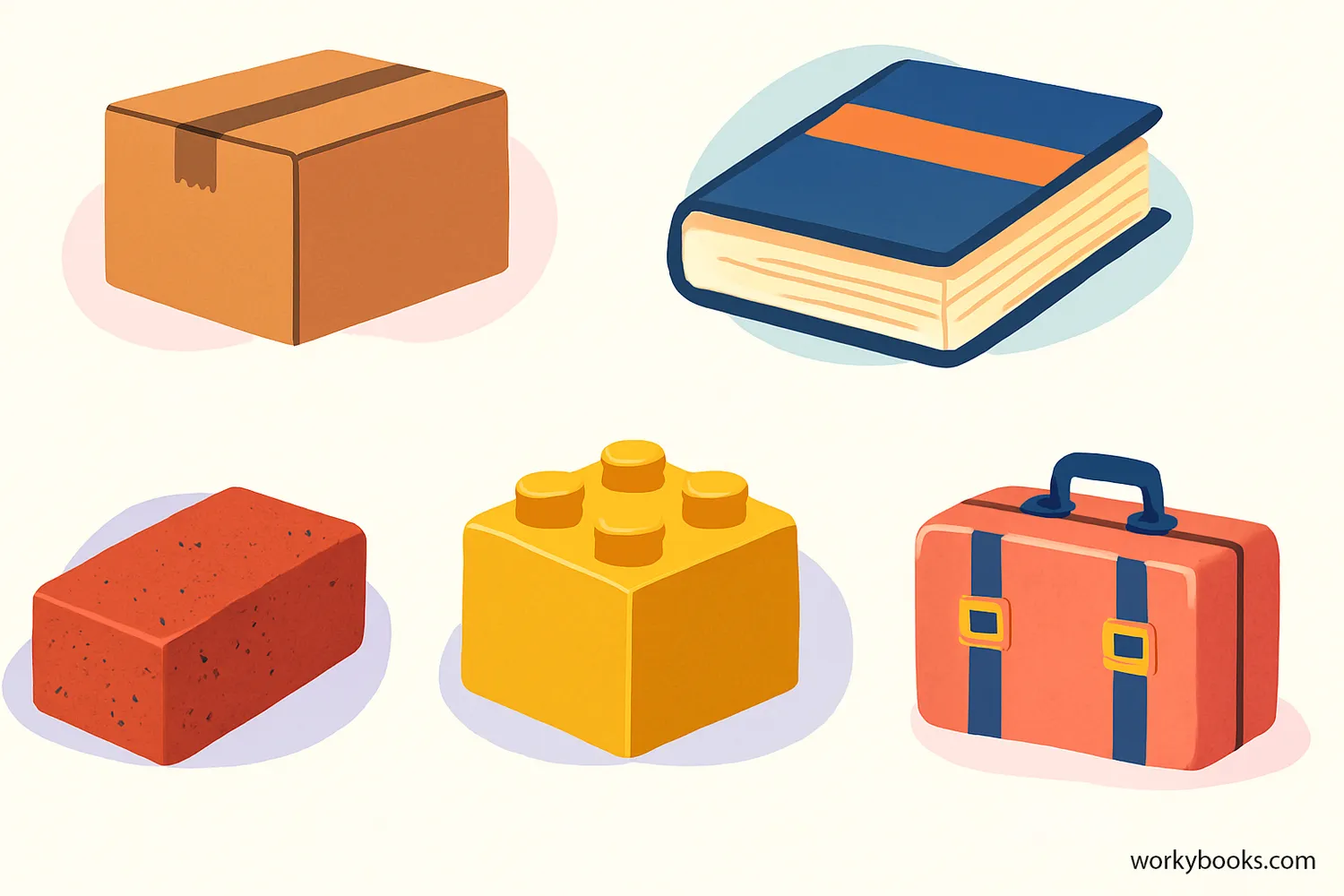 Real-world examples of parallelepipeds including boxes, books, and buildings