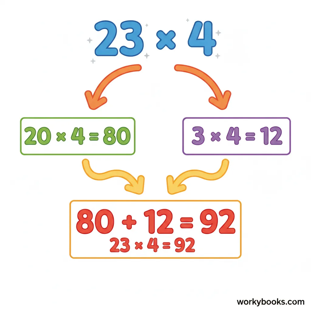 Visual representation of breaking down a multiplication problem into smaller parts