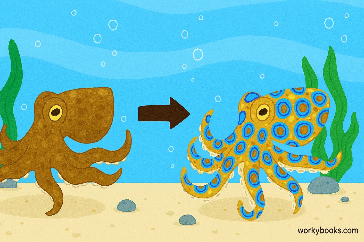Blue-ringed octopus shows camouflage and warning colors in a vibrant ocean scene.