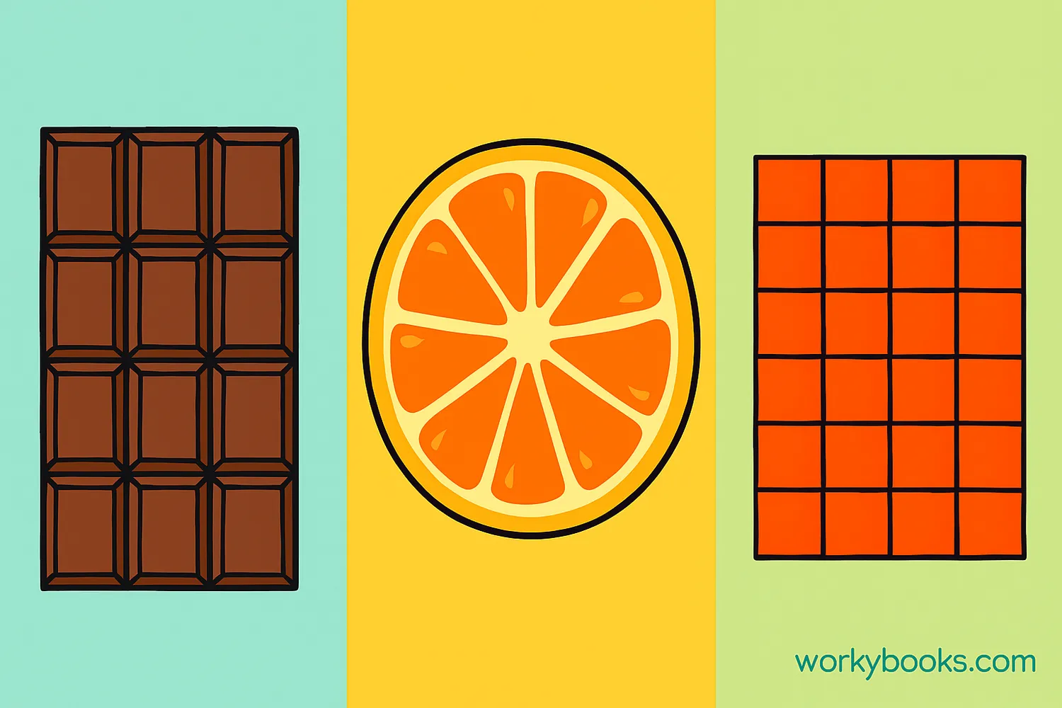 Examples of partitioning including a divided chocolate bar, a segmented orange, and a grid of squares