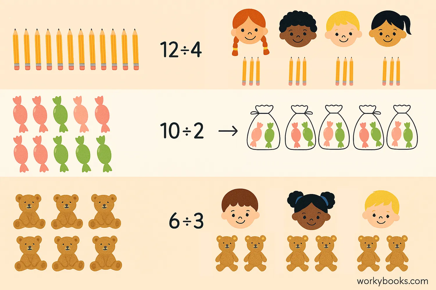 Multiple examples of sharing items equally among groups