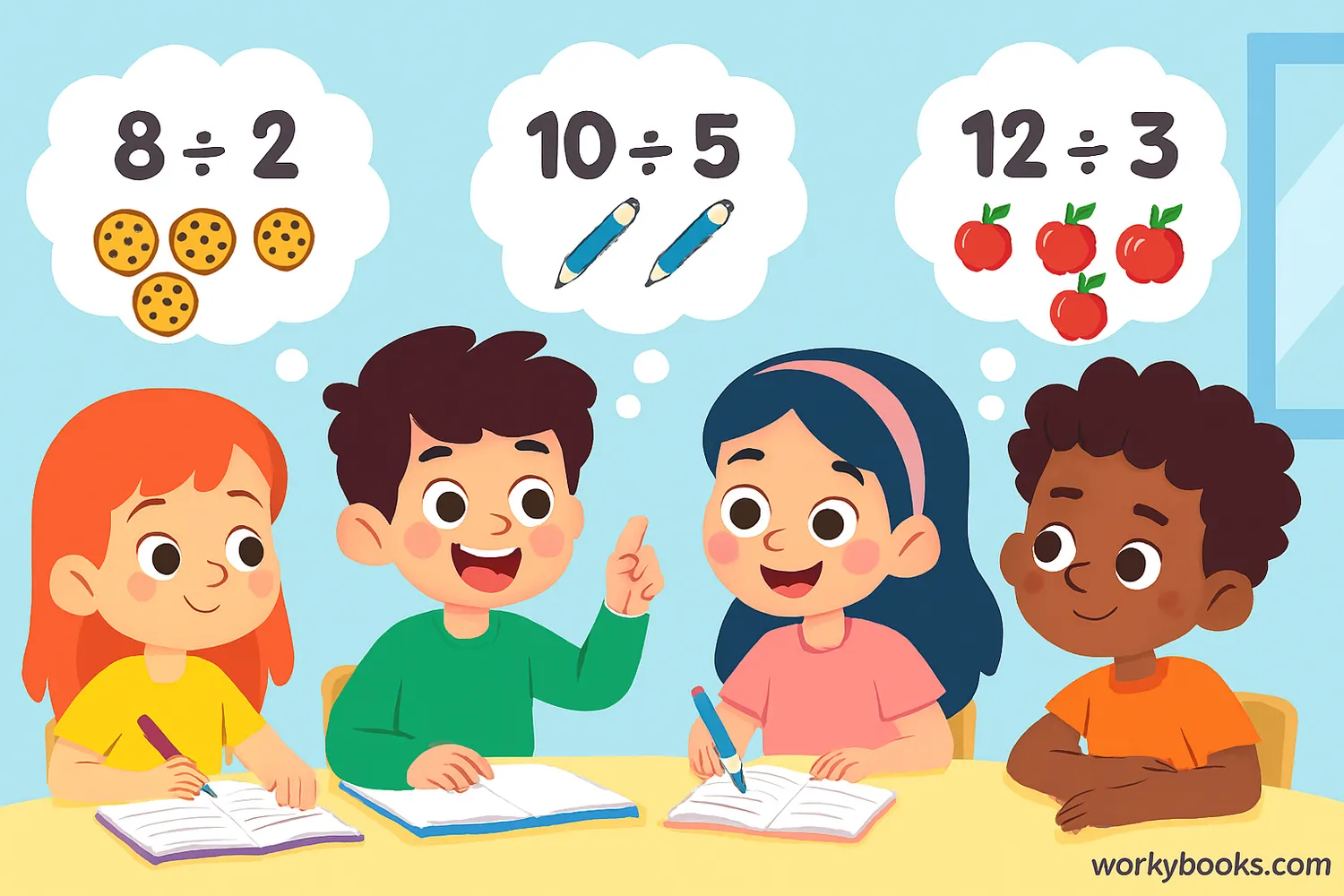 Children solving word problems about sharing items equally