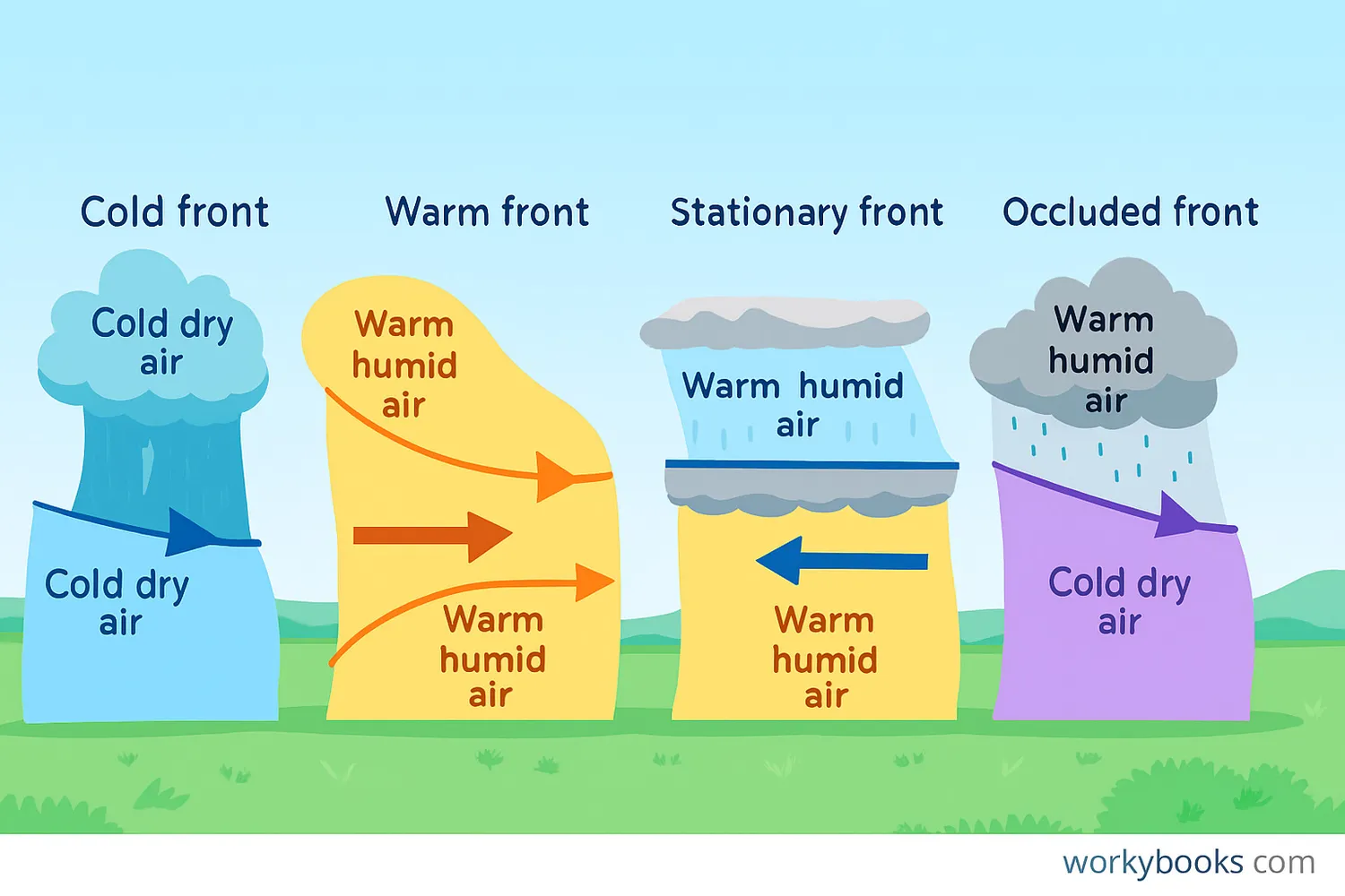 Wide diagram of cold, warm, stationary, and occluded fronts with air masses and weather effects. Caption: Air masses collide to form weather fronts, causing rain, storms, or cloudy skies.