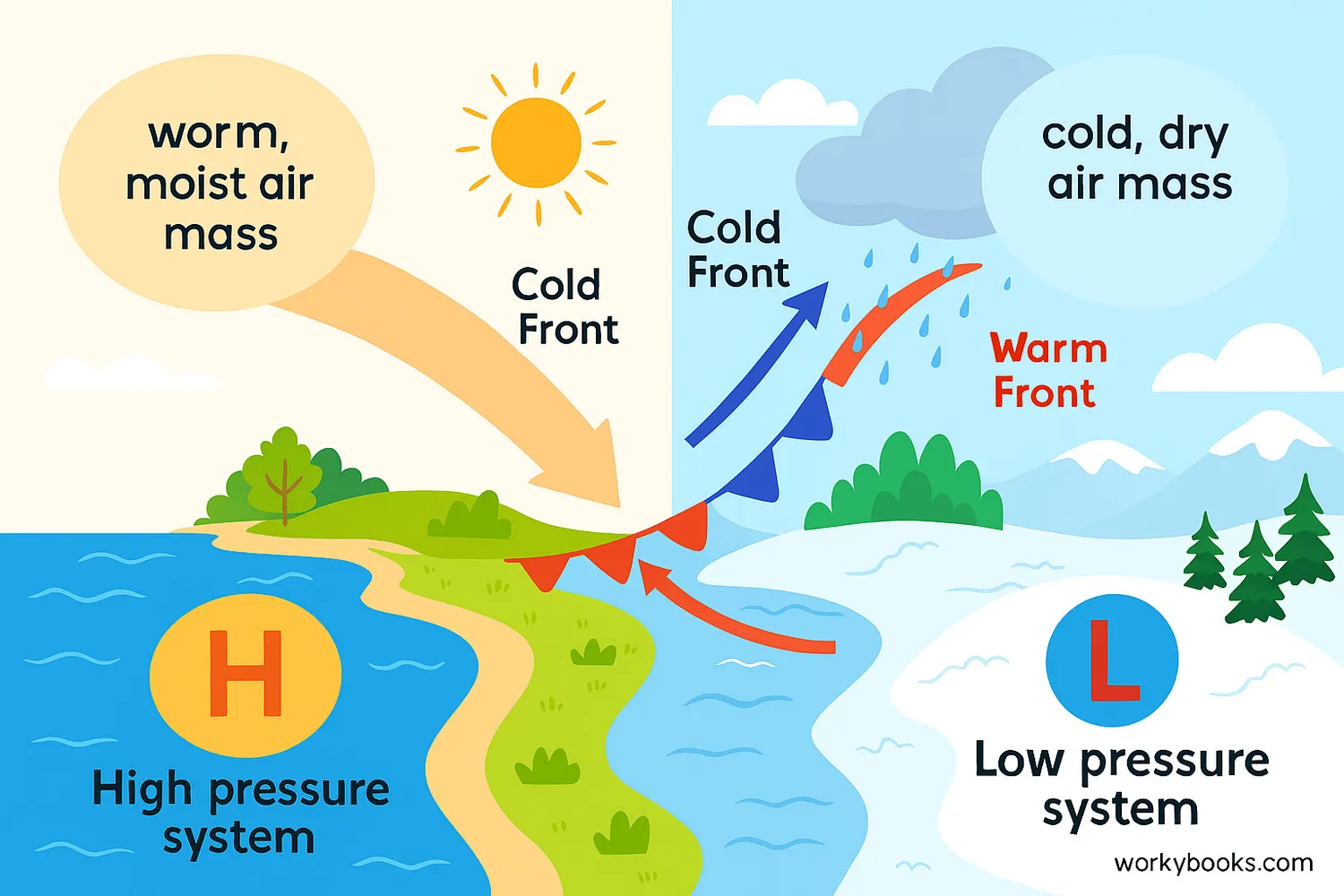 Air masses, fronts, and pressure systems interact to create changing weather across Earth.