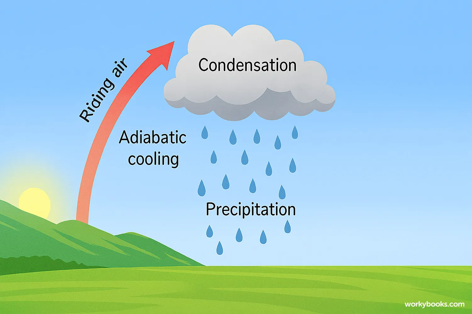 Full-width diagram showing rising air, adiabatic cooling, cloud formation, and precipitation.