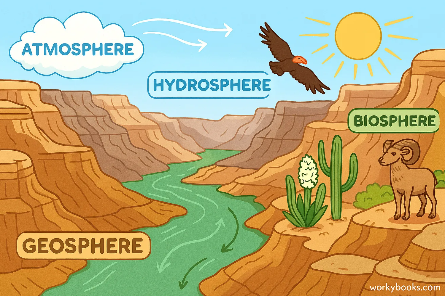 Grand Canyon ecosystem showing geosphere, hydrosphere, biosphere, and atmosphere interactions.