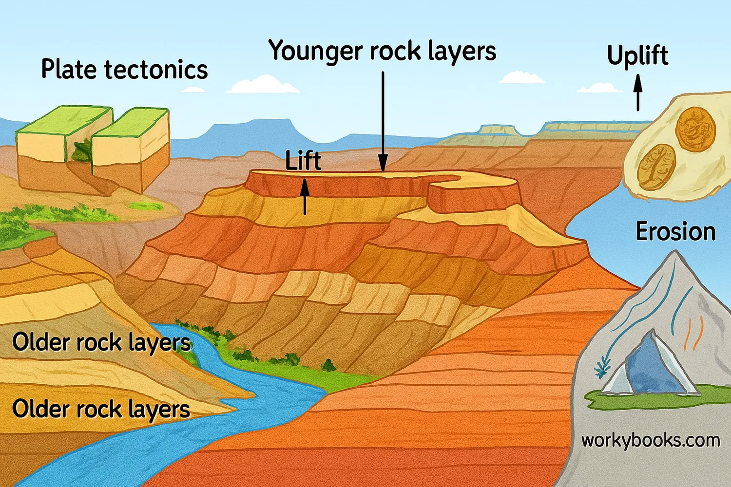 Grand Canyon cross-section with fossils, uplift, erosion, and tectonic plates across full canvas.