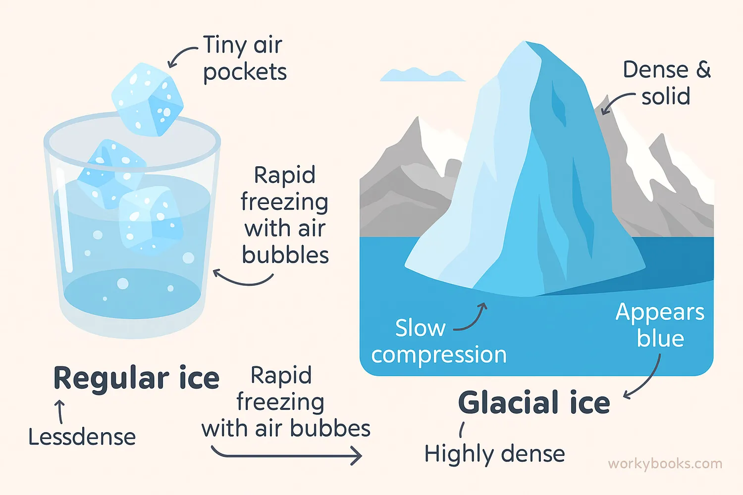 Wide comparison of regular ice cubes and dense blue glacial ice in a mountain glacier.