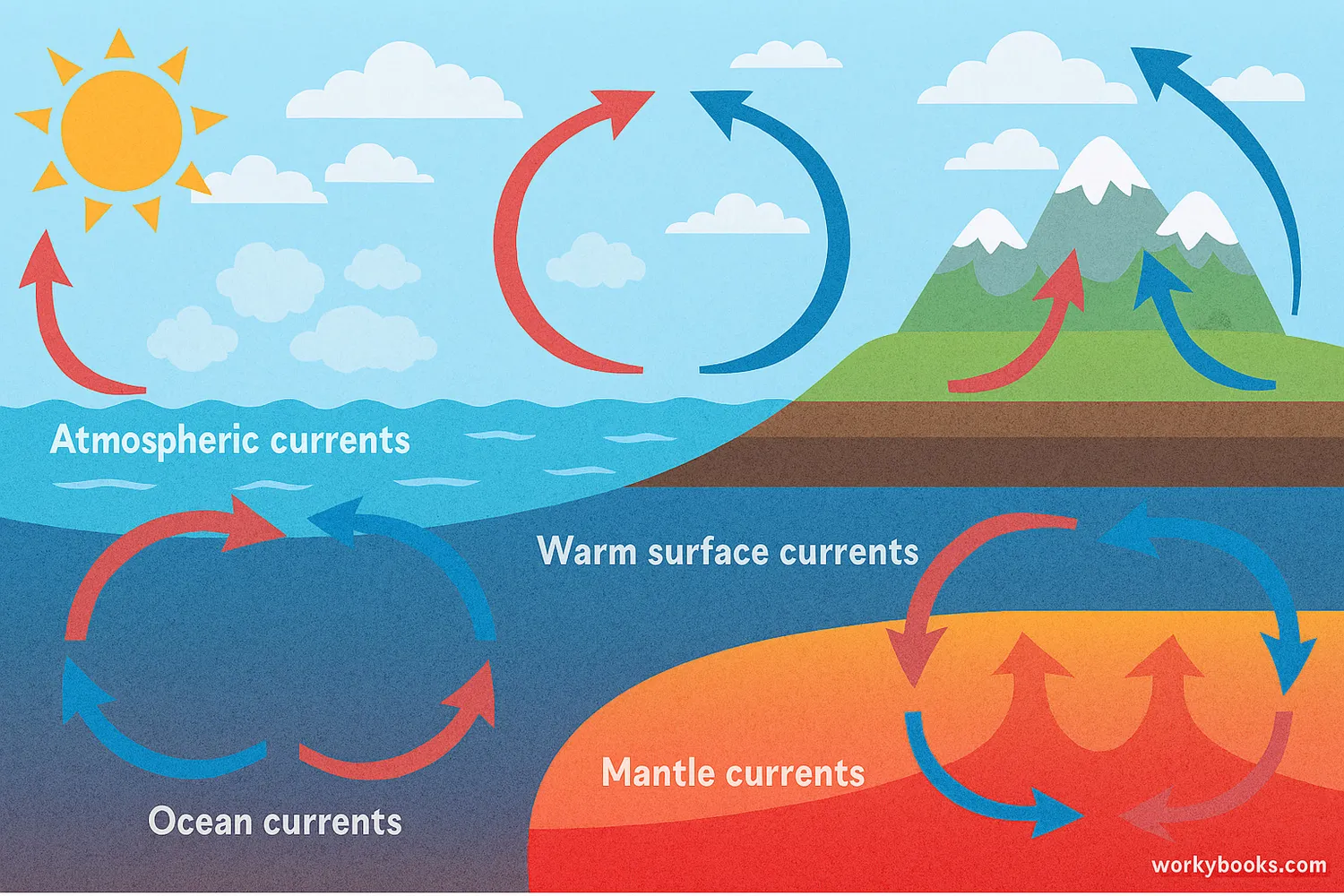 Convection currents in atmosphere, ocean, and mantle shown with labeled arrows and Earth layers.