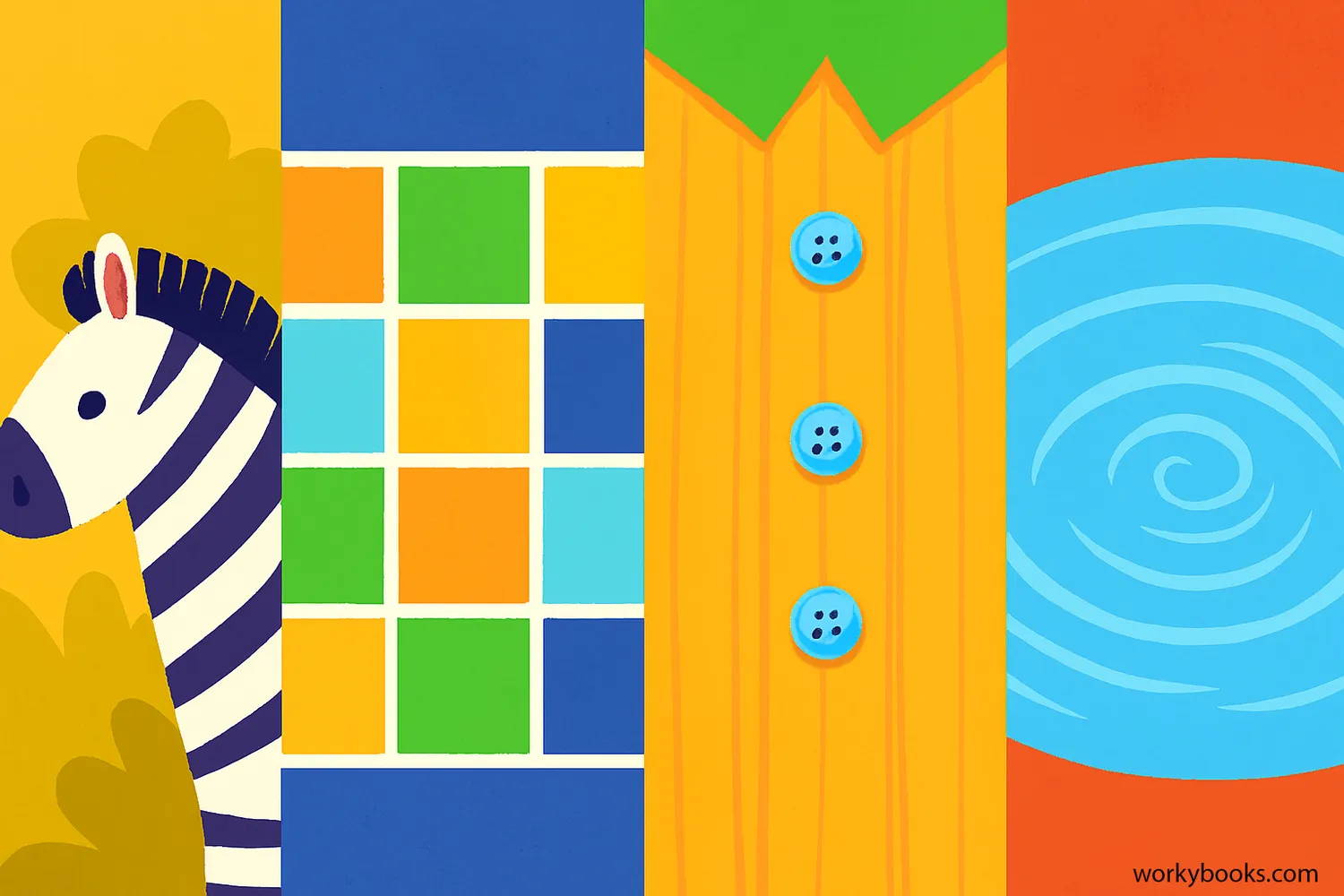 Illustration showing various patterns found in nature, art, and everyday objects like stripes on a zebra, tiles on a floor, and buttons on a shirt