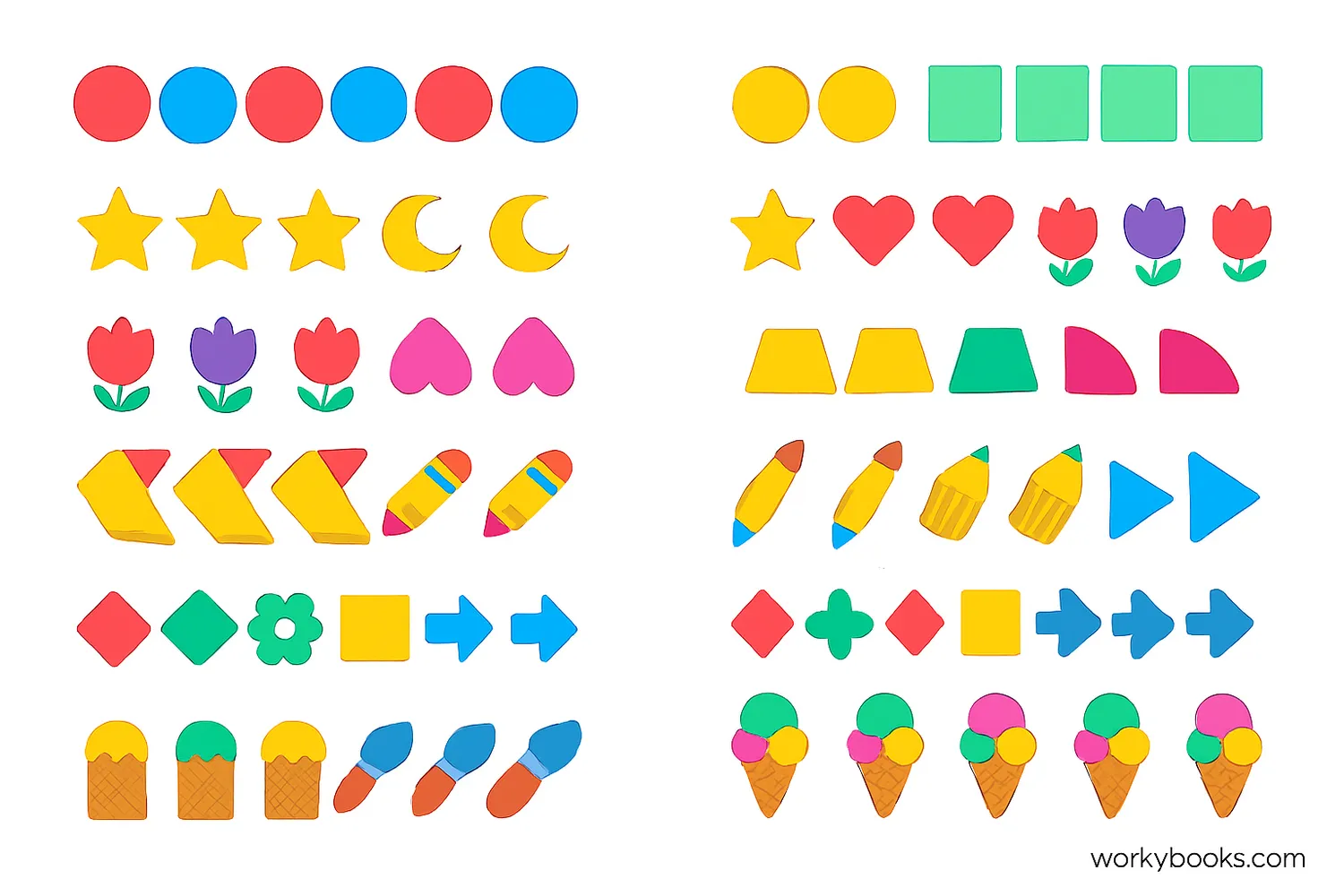 Illustration showing various repeating patterns with colors, shapes, and objects that follow ABAB, AAB, ABC, and other repeating sequences