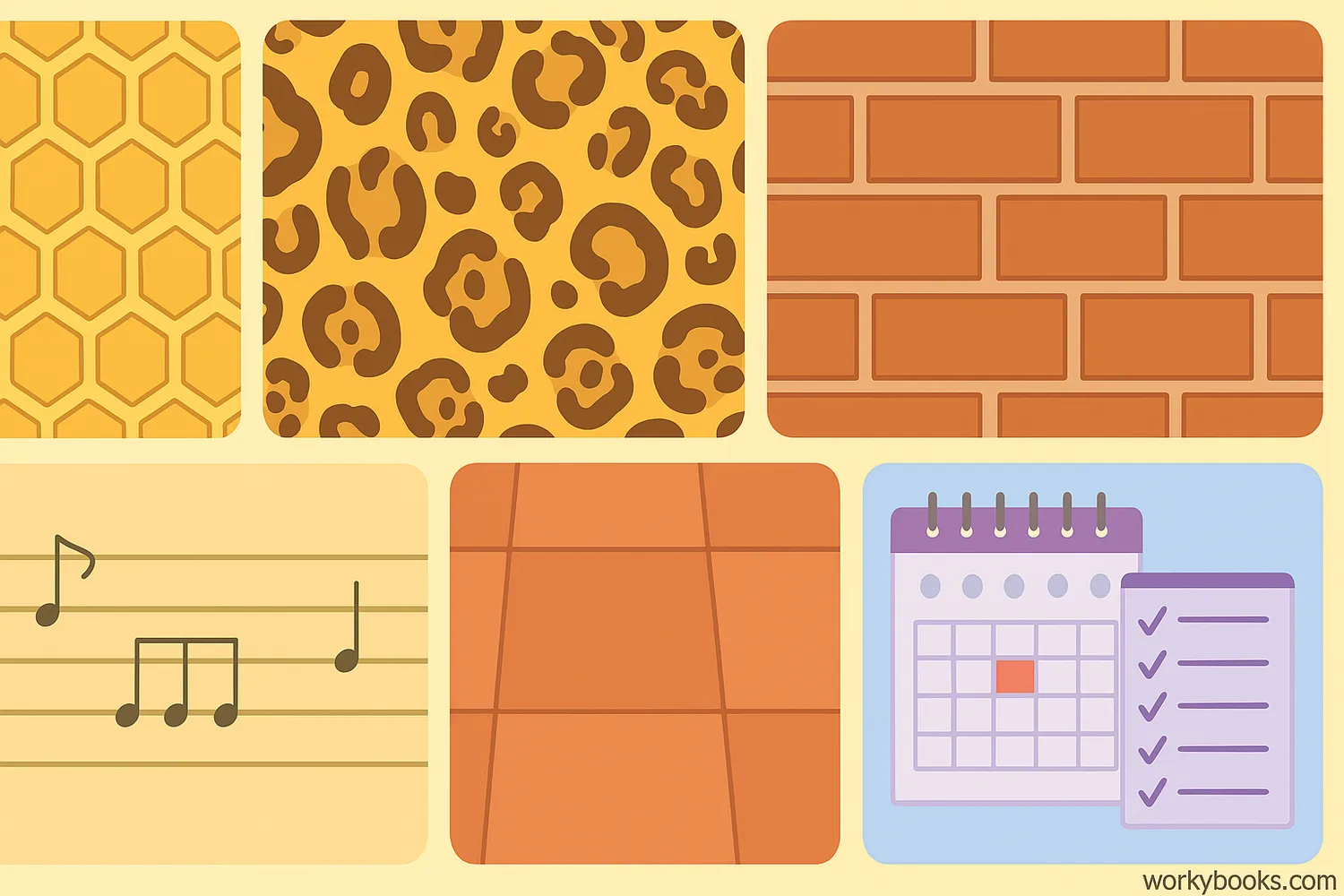 Illustration showing real-world applications of patterns in nature, architecture, music, and daily life