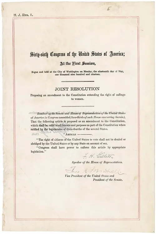 A photo of the official 19th Amendment document. The text is clear, and the image shows the historical significance of the parchment.