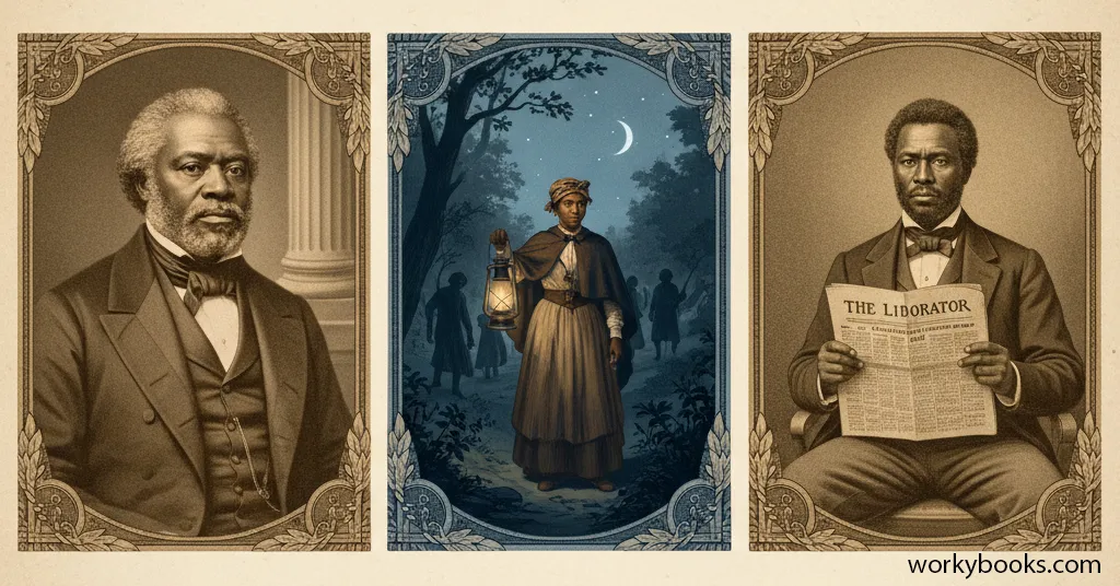 A historical illustration showing abolitionists giving speeches and holding anti-slavery banners at a rally.
