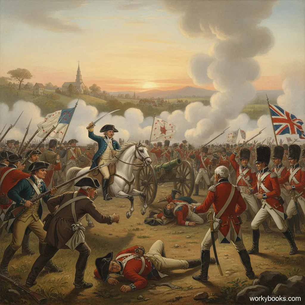 A historical painting showing colonists and British soldiers during the American Revolution. The scene depicts the conflict between the two sides.