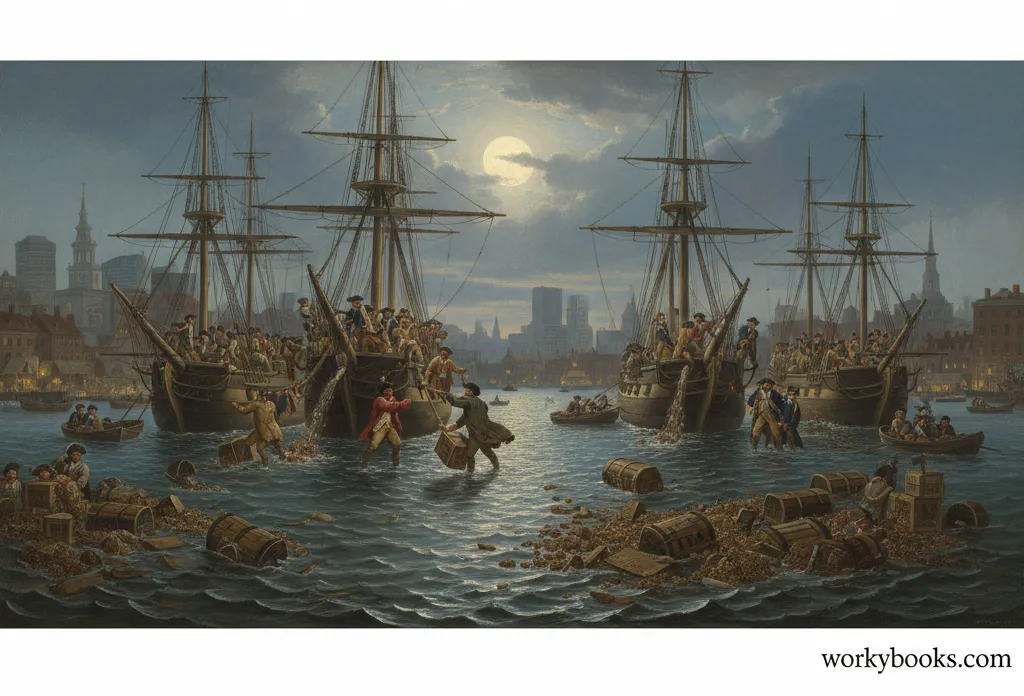 An illustration of the Boston Tea Party showing colonists dumping tea chests into Boston Harbor from British ships.