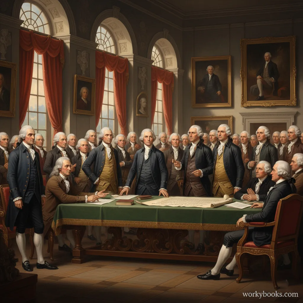 A historical painting showing the signing of the Declaration of Independence with founding fathers gathered around a table.