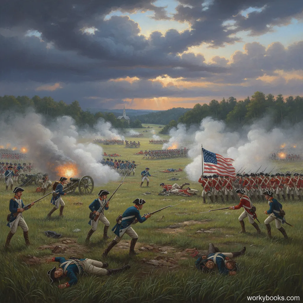 A painting of colonial soldiers in a battle against British soldiers.