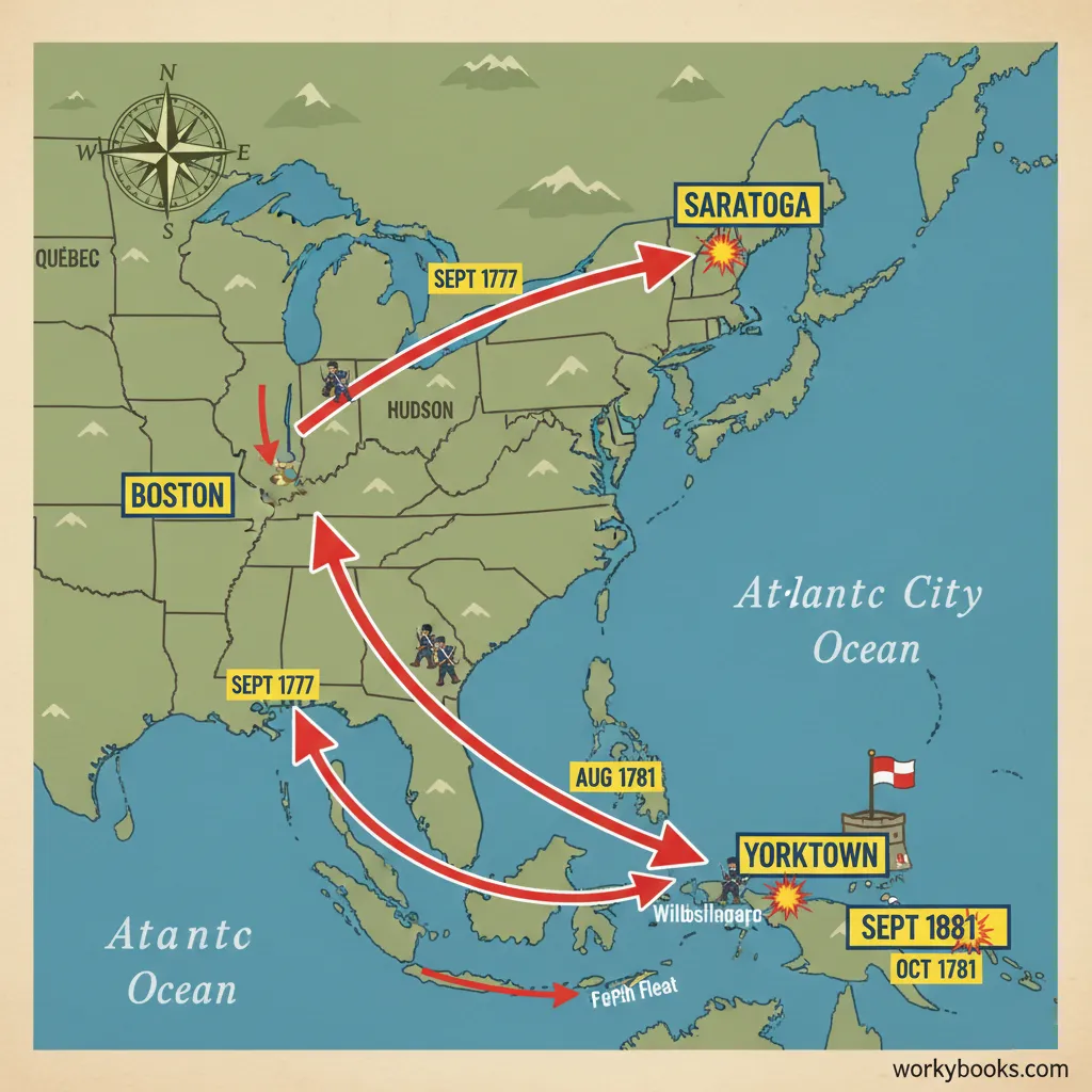 An animated map showing the troop movements during the Battle of Saratoga and the Battle of Yorktown.