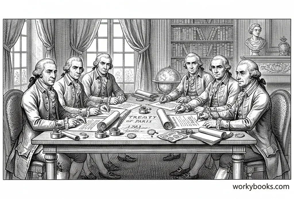 A drawing of the signing of the Treaty of Paris with American and British representatives.