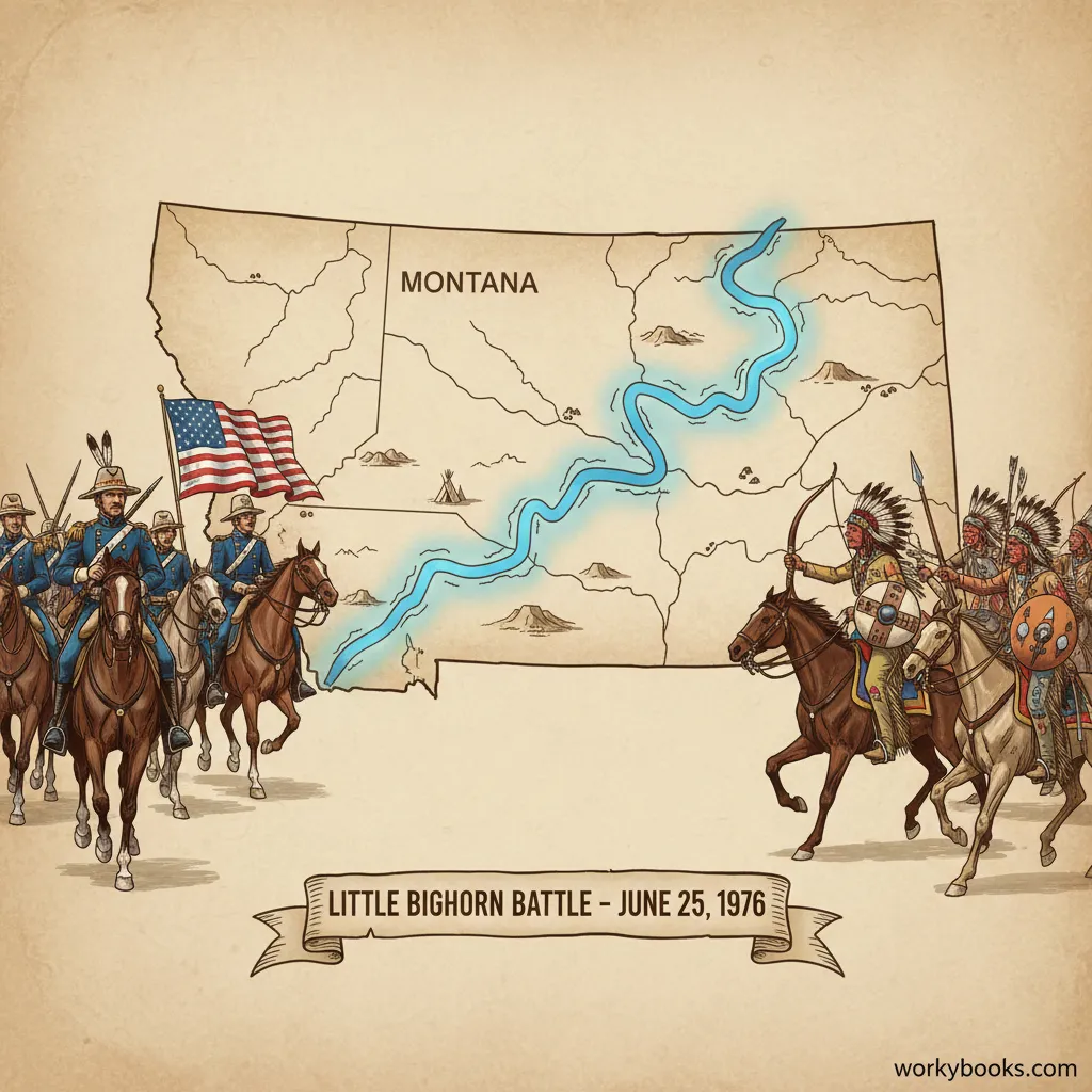 Map showing the location of the Little Bighorn River in Montana where the battle took place