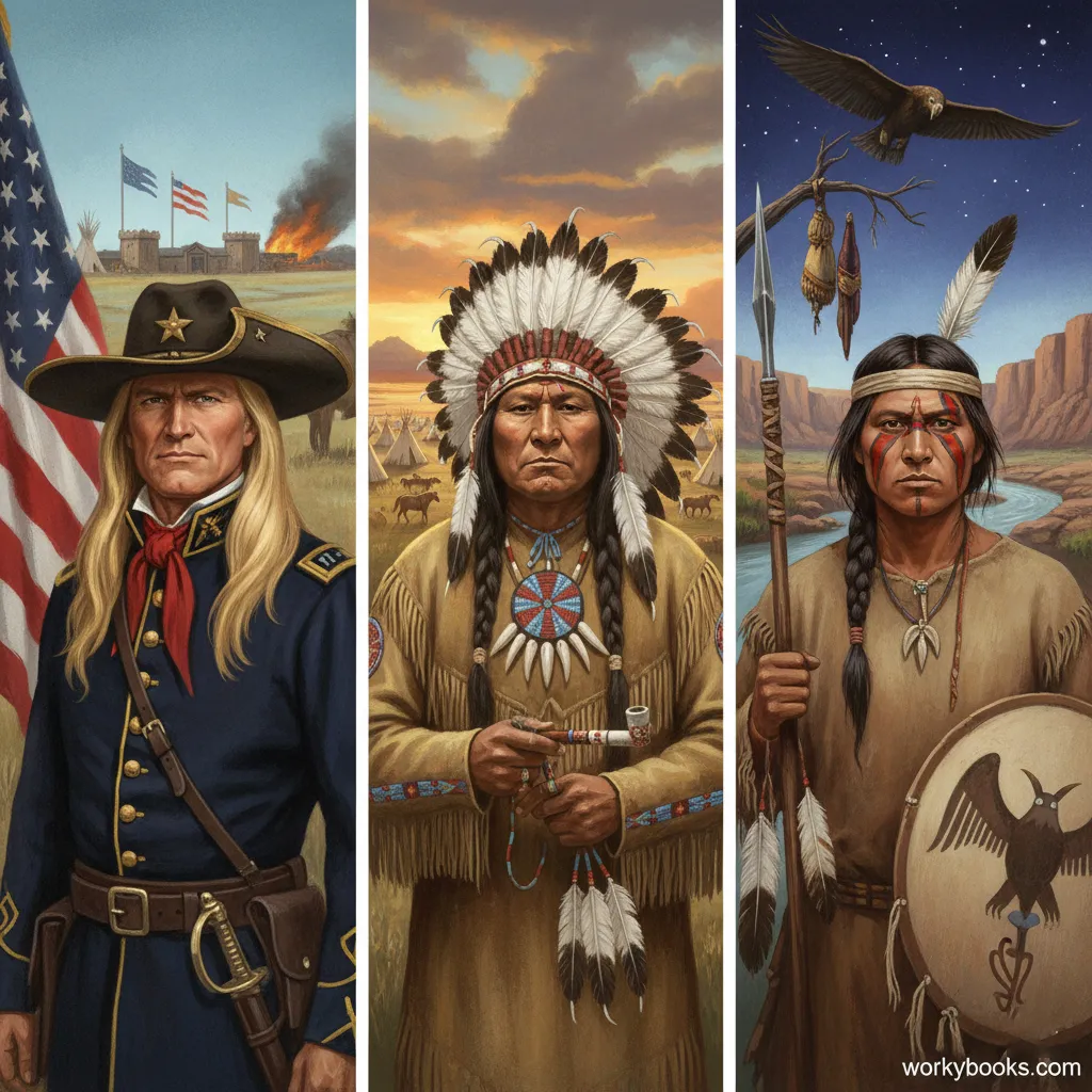 Portraits of George Custer, Sitting Bull, and Crazy Horse - the main leaders in the Battle of Little Bighorn