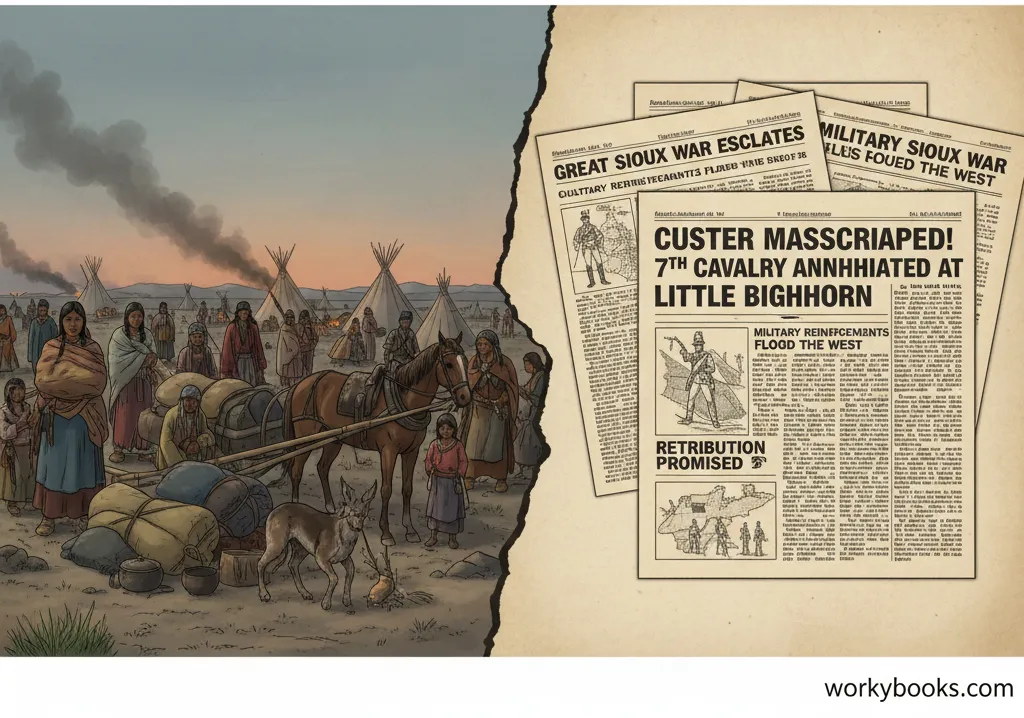 Illustration showing the aftermath of the Battle of Little Bighorn and its impact on US-Native American relations