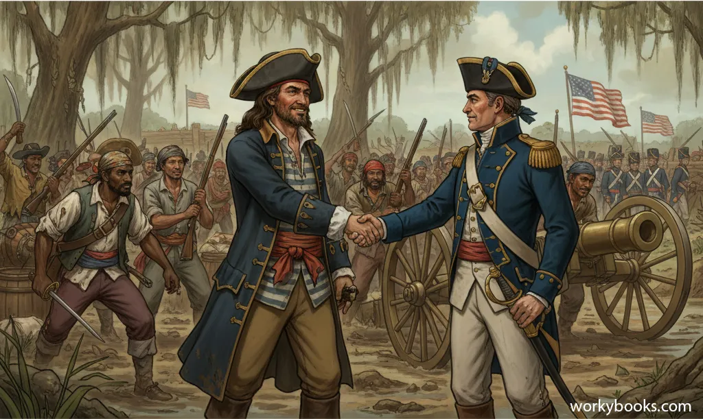 Jean Lafitte and his pirates joining the American defense