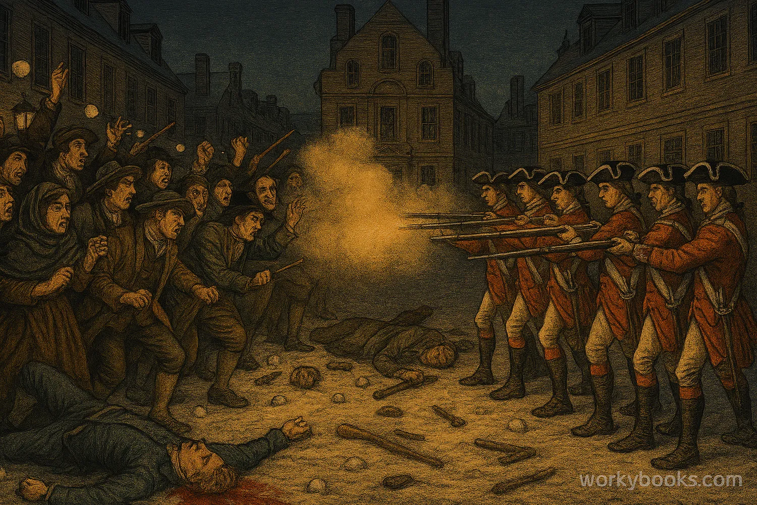 British soldiers firing on American colonists in Boston