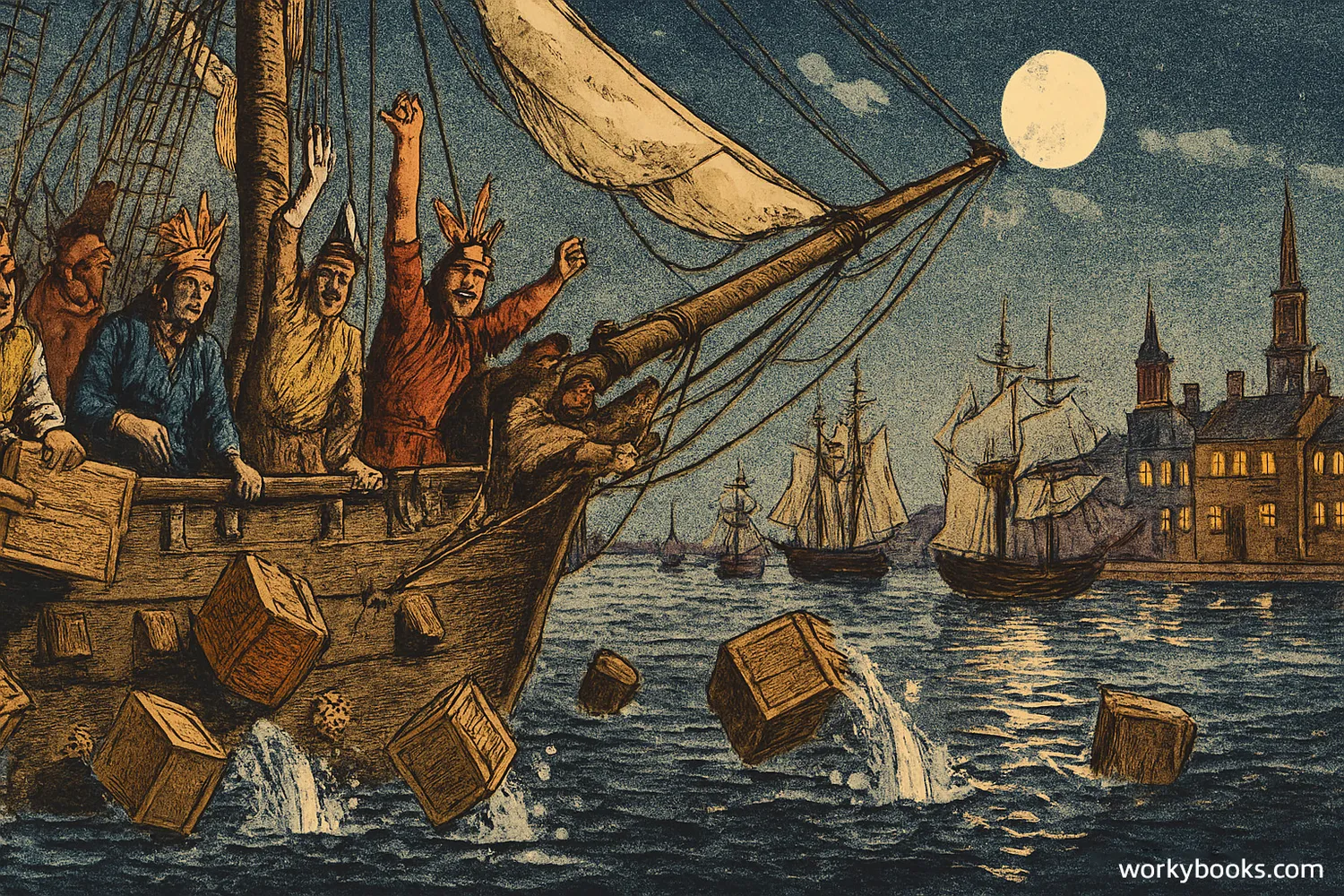 Colonists dressed as Native Americans throwing tea chests into Boston Harbor