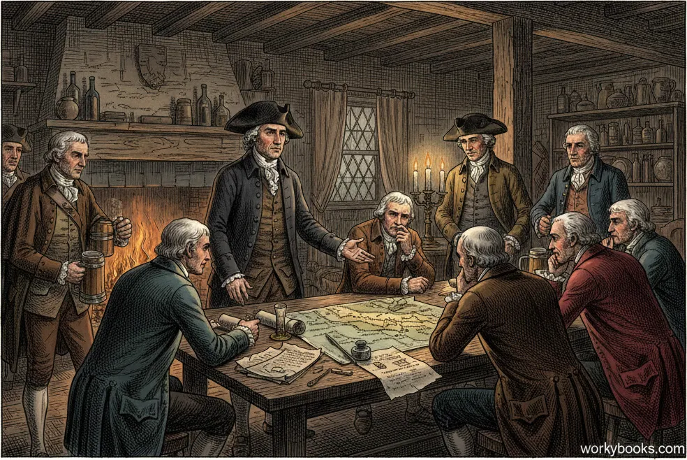 Samuel Adams and other Sons of Liberty members planning the Boston Tea Party