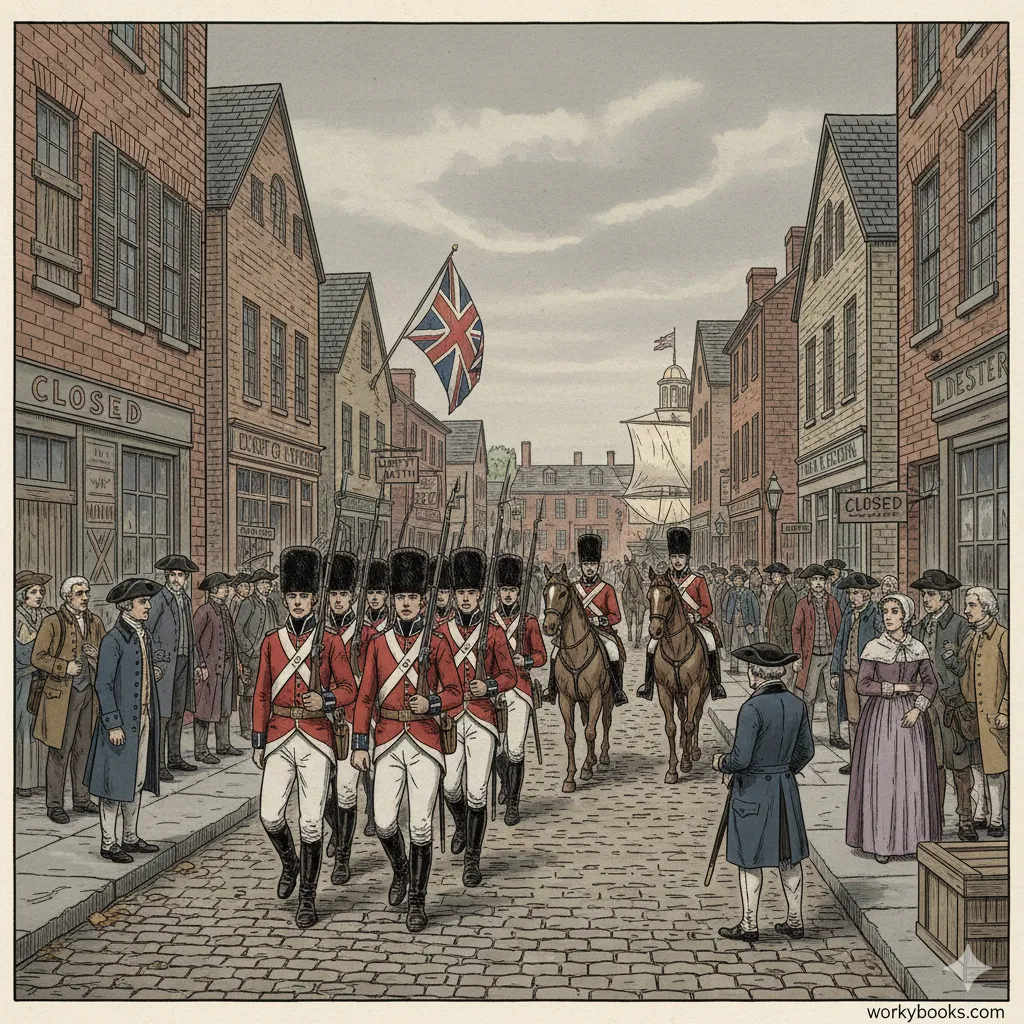 British soldiers occupying Boston after the Intolerable Acts were passed