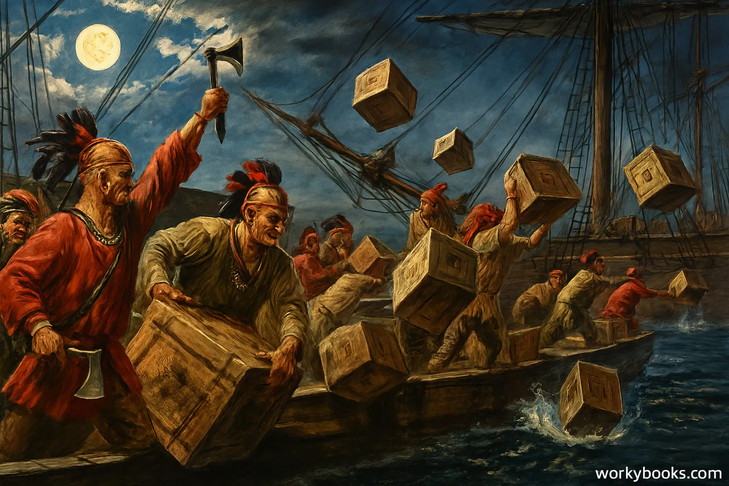 Colonists dressed as Native Americans throwing tea chests from ships into Boston Harbor at night