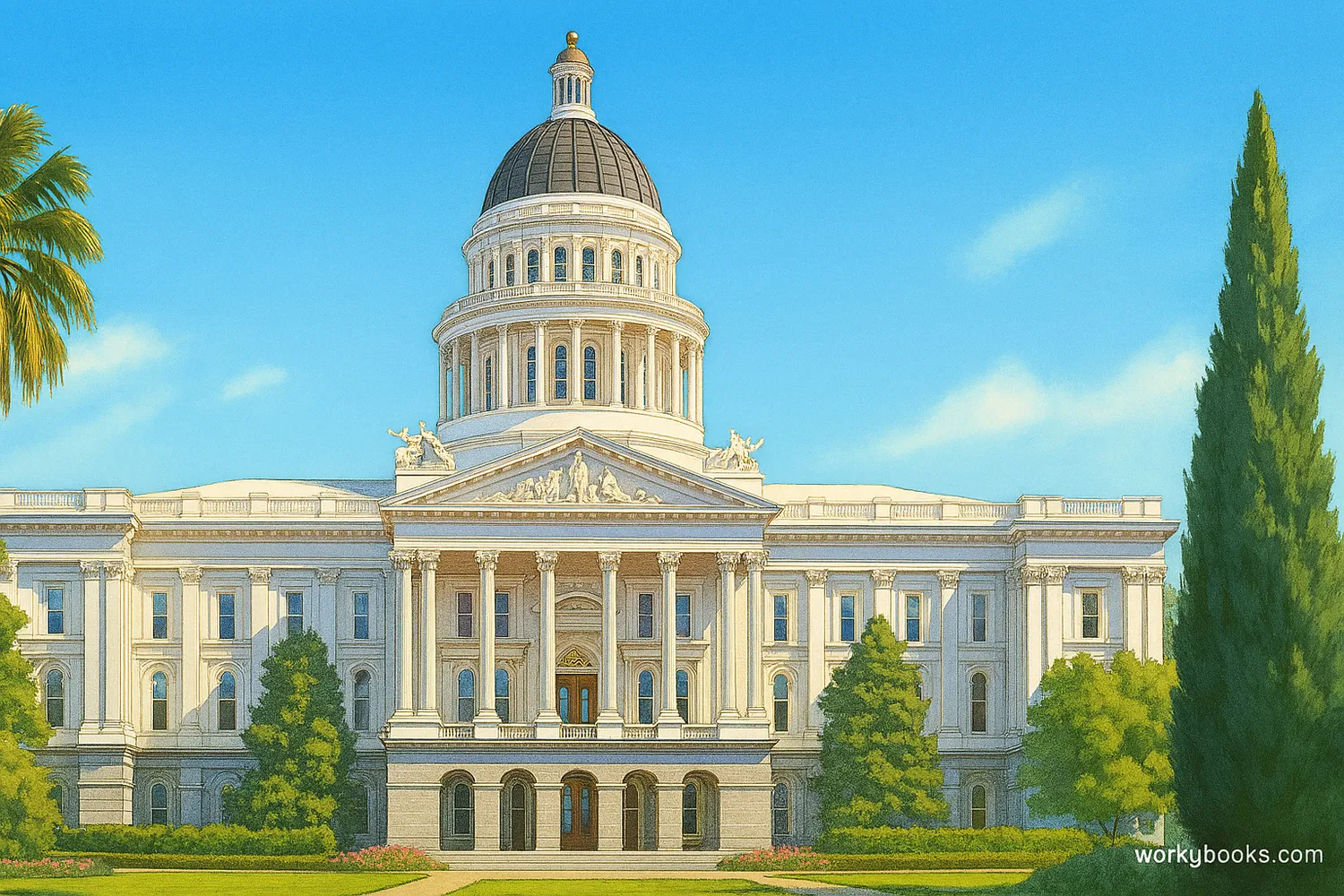 Exterior view of the California State Capitol building with its white dome and surrounding gardens
