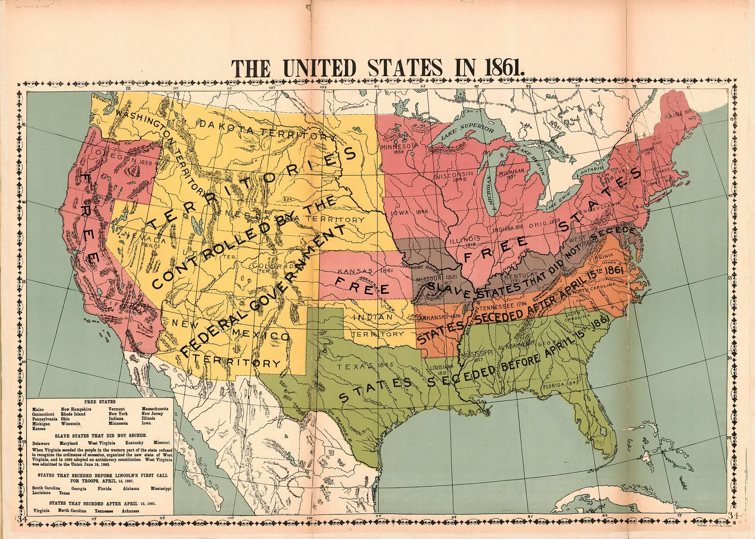Map showing the division between Union and Confederate states during the Civil War