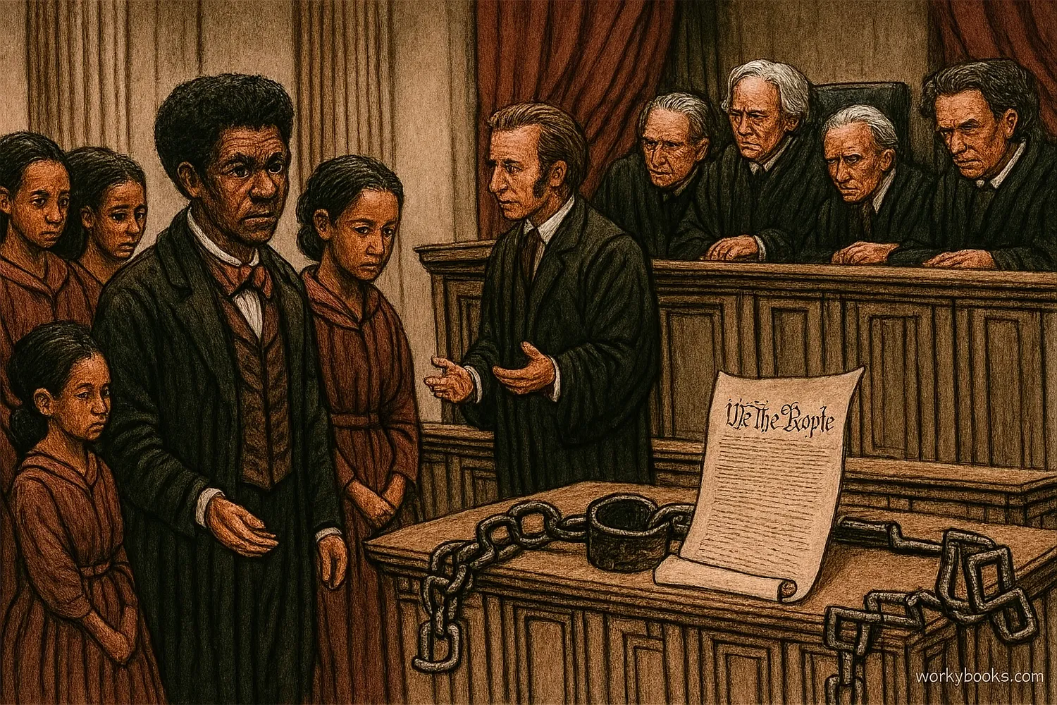 Dred Scott with his family and lawyer seeking freedom in court