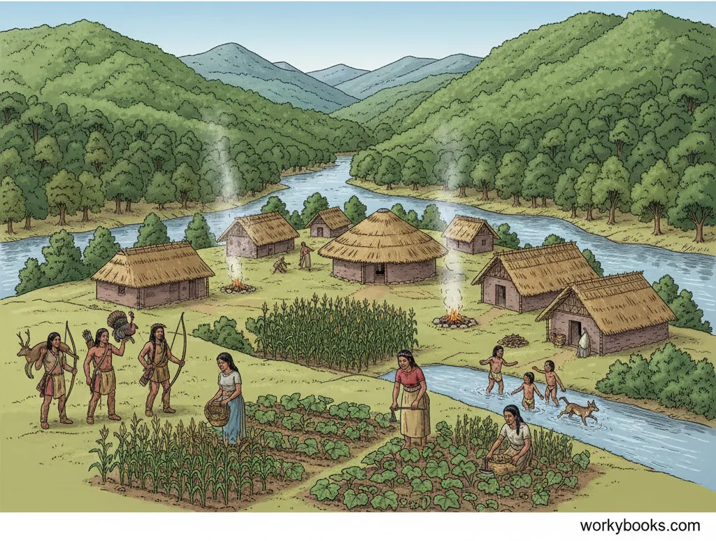 Traditional Cherokee village with homes and community members