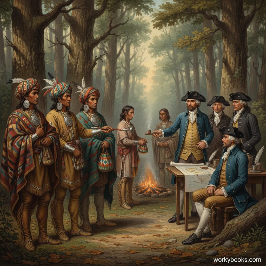 Cherokee leaders meeting with European settlers in the 18th century