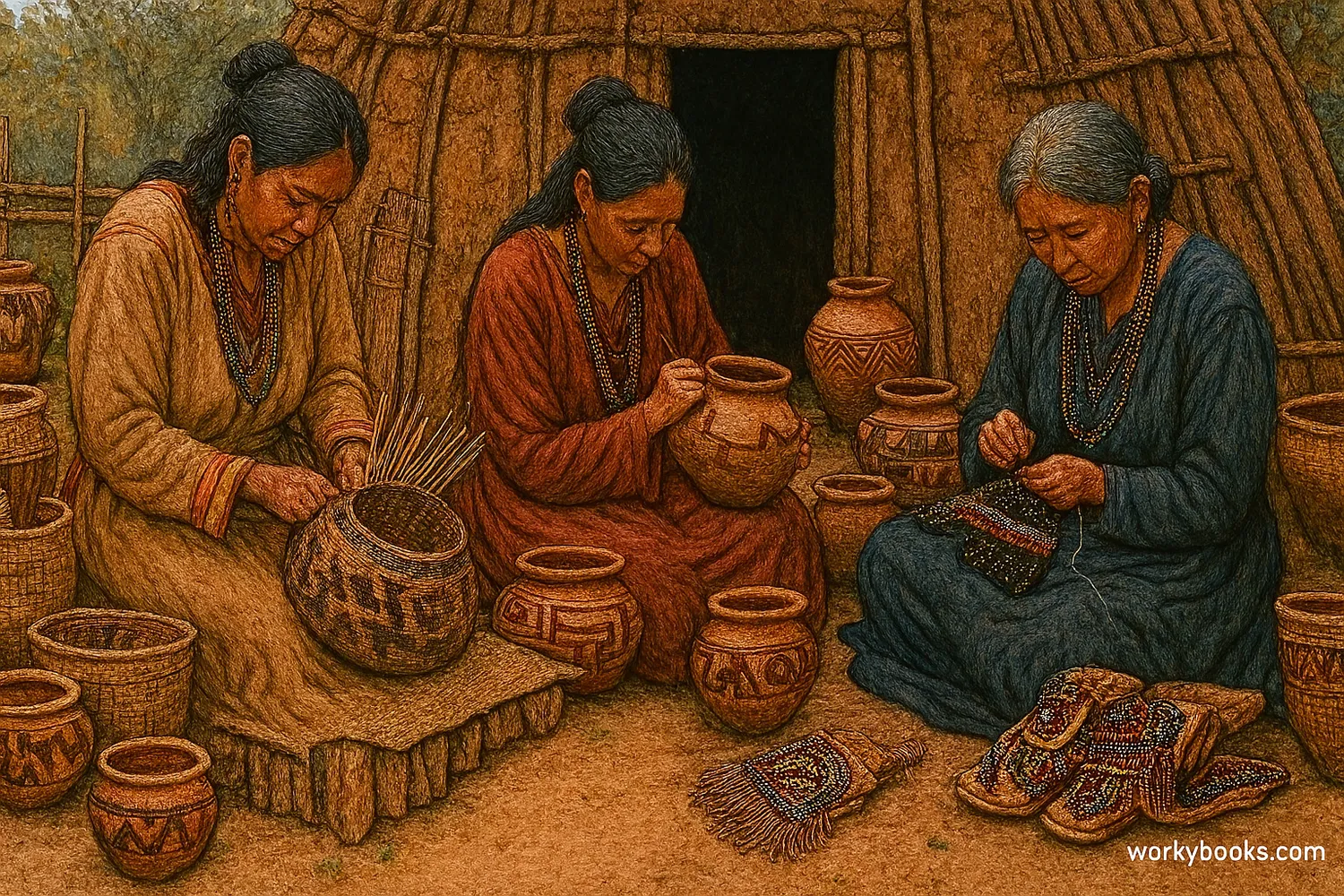 Cherokee women weaving baskets and creating pottery
