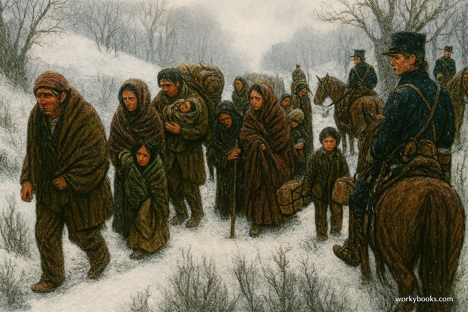 Cherokee families forced to march westward during the Trail of Tears