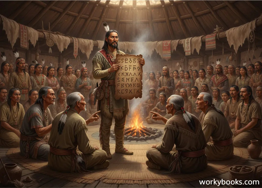 Sequoyah presenting his Cherokee syllabary to tribal leaders