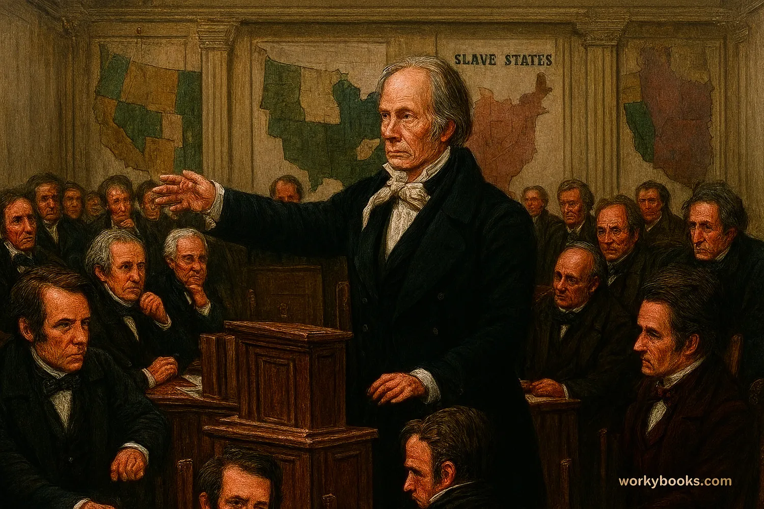 Historical painting showing congressional debates about slavery and state rights