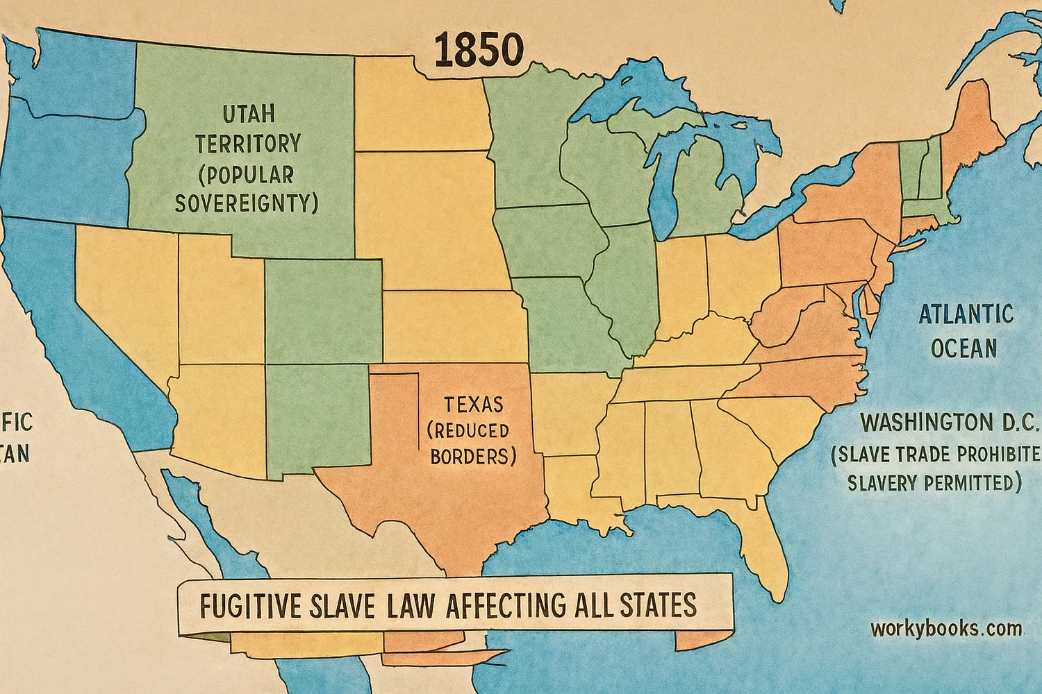 Map illustrating how the Compromise of 1850 affected different territories