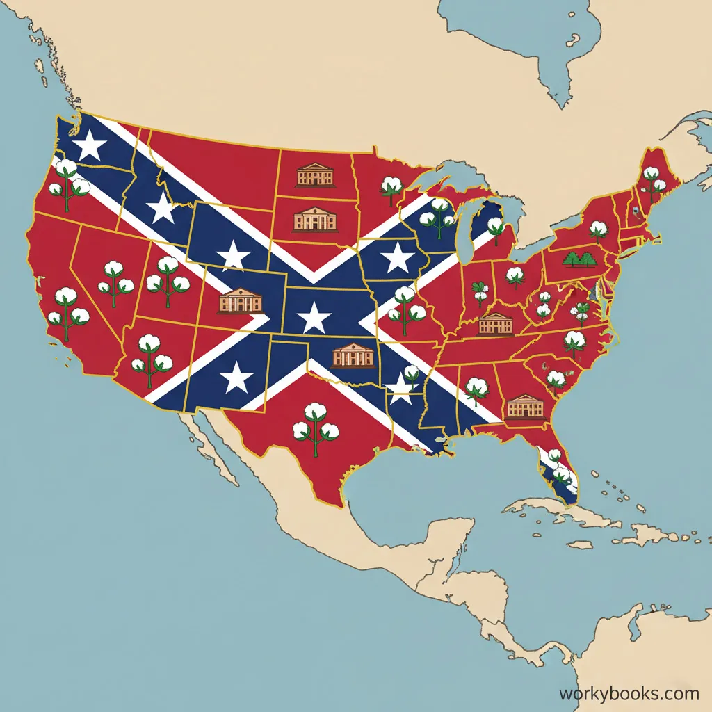 Map showing the Confederate States of America with their flag