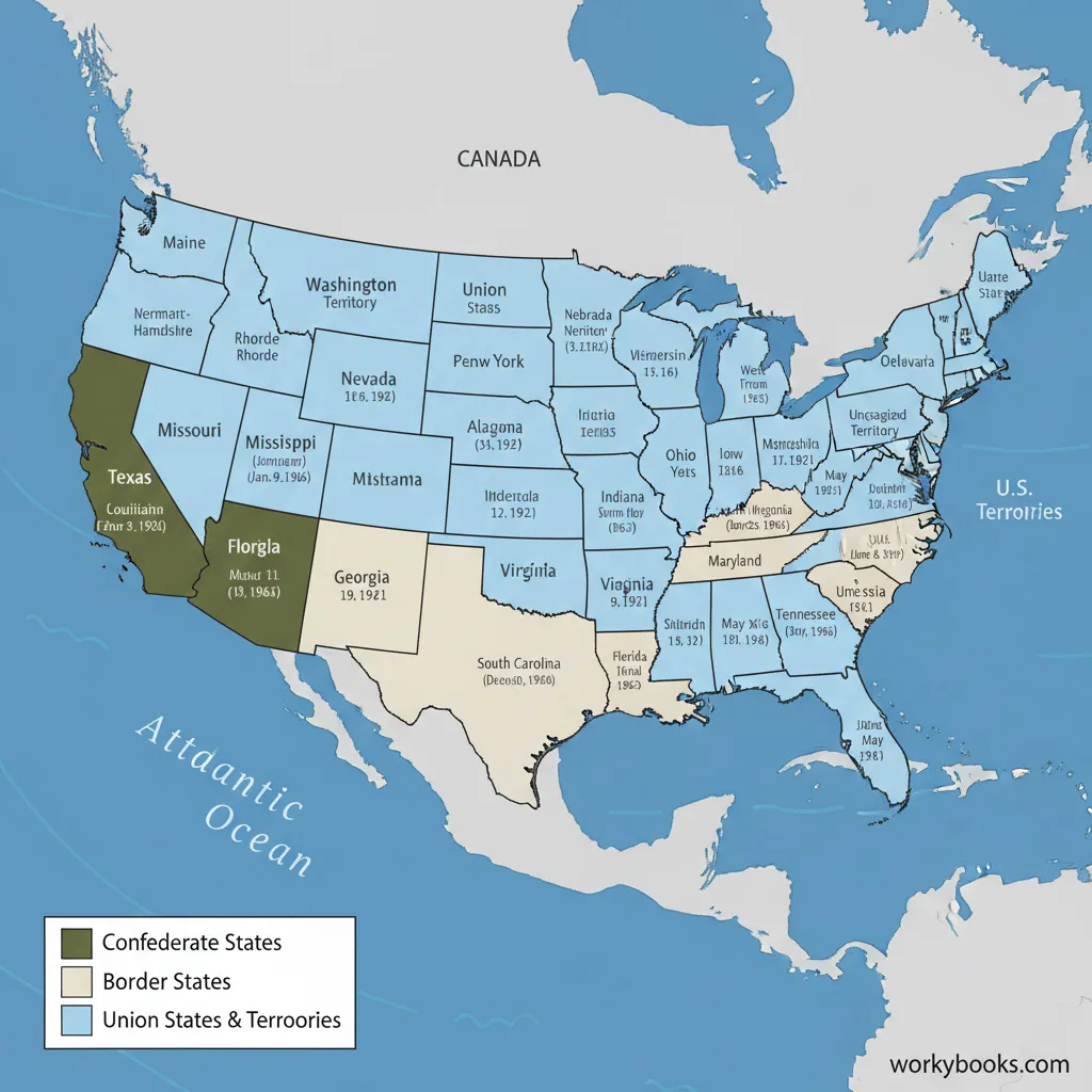 Map showing all 11 Confederate states and their borders