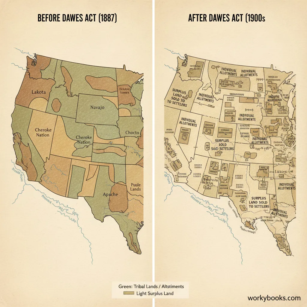Map showing reduction of Native American lands after the Dawes Act
