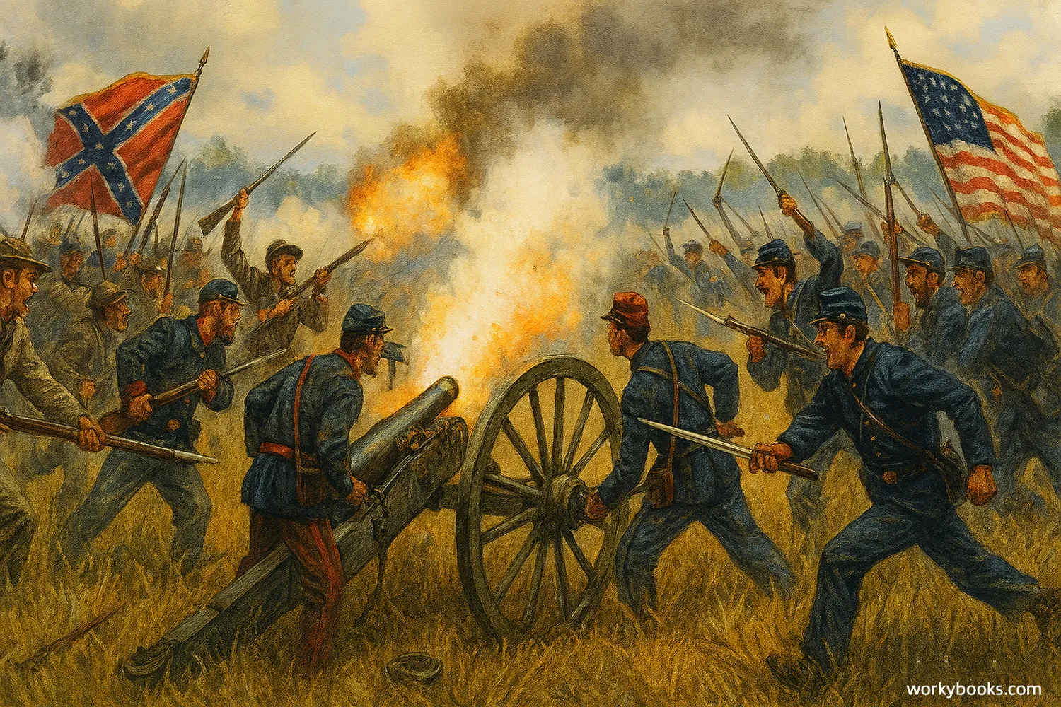 Battle of Gettysburg with soldiers fighting across a field