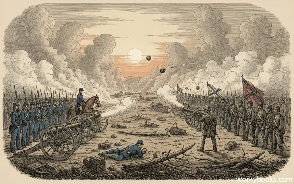 Union and Confederate soldiers facing each other across a battlefield