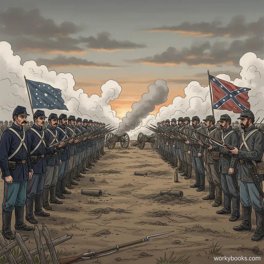 Union and Confederate soldiers facing each other across a battlefield